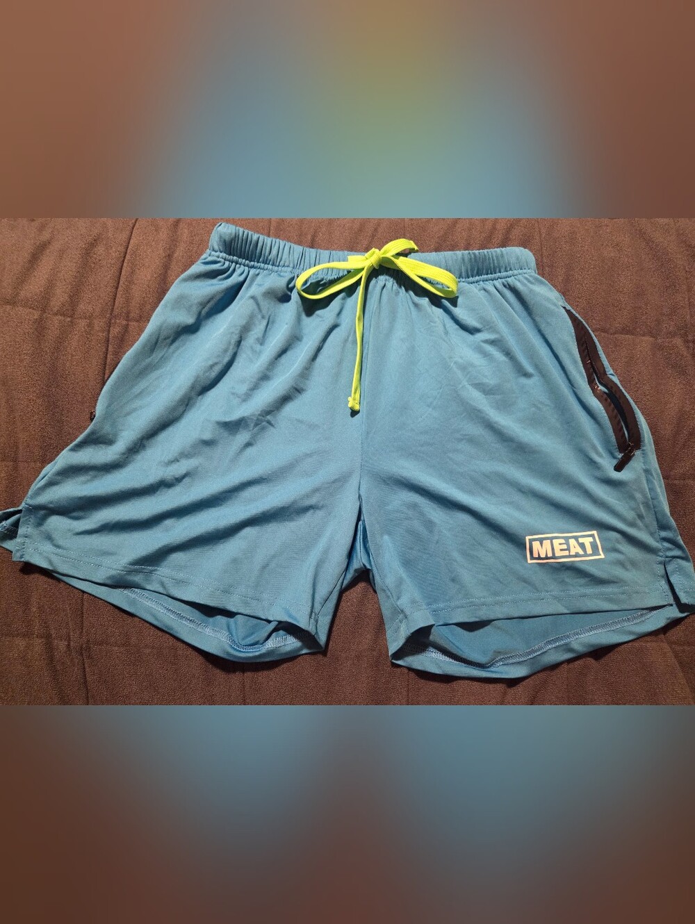 Men's Medium Blue Athletic Shorts with Lime Green  Drawstring.